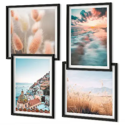 Polittico con cornice tramonto sul mare con case e fiori