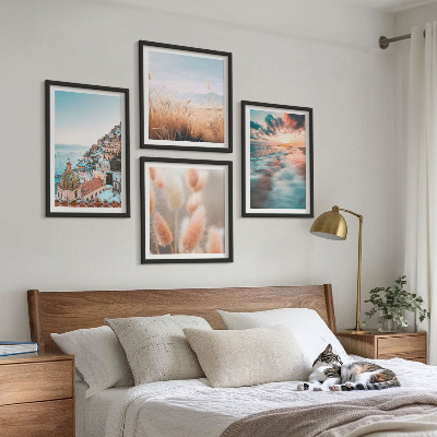 Polittico con cornice tramonto sul mare case fiori