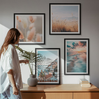 Polittico con cornice tramonto sul mare case fiori