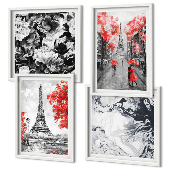 Composizione di 4 quadri dipinti grigi della Torre Eiffel