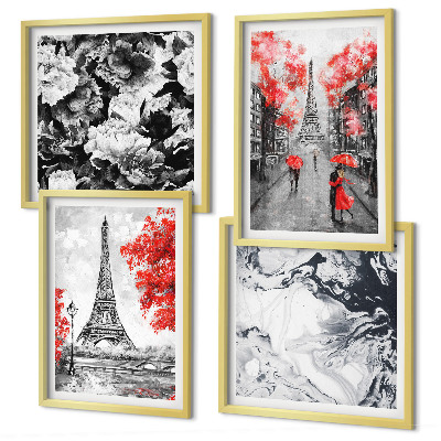 Composizione di 4 quadri dipinti grigi della Torre Eiffel