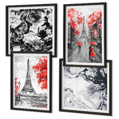 Composizione di 4 quadri dipinti grigi della Torre Eiffel