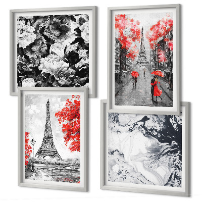 Composizione di 4 quadri dipinti grigi della Torre Eiffel