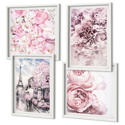 Polittico con cornice Paesaggio romantico con fiori rosa