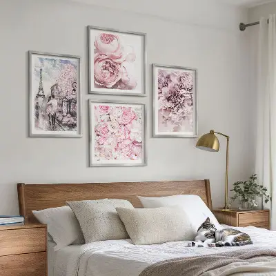Paesaggio romantico con fiori rosa polittico con cornice