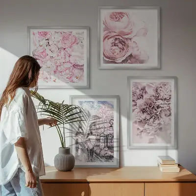 Paesaggio romantico con fiori rosa polittico con cornice