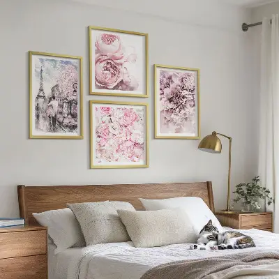 Paesaggio romantico con fiori rosa polittico con cornice