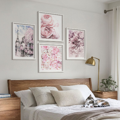 Polittico con cornice Paesaggio romantico con fiori rosa