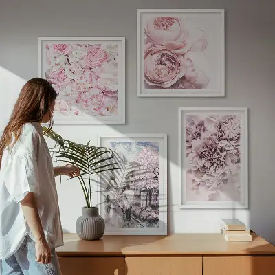 Paesaggio romantico con fiori rosa polittico con cornice