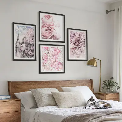 Paesaggio romantico con fiori rosa polittico con cornice
