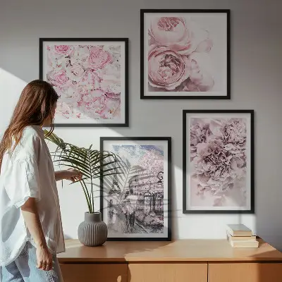 Paesaggio romantico con fiori rosa polittico con cornice
