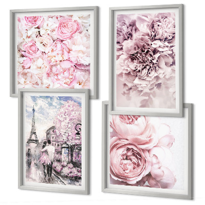 Polittico con cornice Paesaggio romantico con fiori rosa