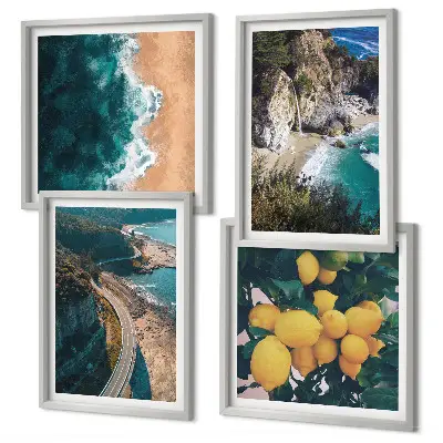 Galleria a parete con stampa di spiaggia, mare, limoni e montagne