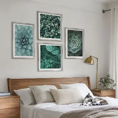Composizione di 4 quadri con piante succulente verdi e turchesi