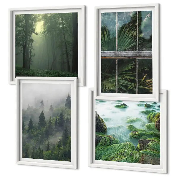 Galleria a parete nebbia in una foresta con fiume e piante