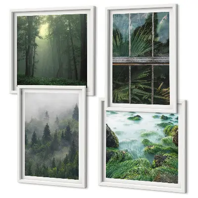 Galleria a parete nebbia in una foresta con fiume e piante