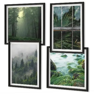 Galleria a parete nebbia in una foresta con fiume e piante