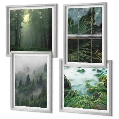 Galleria a parete nebbia in una foresta con fiume e piante