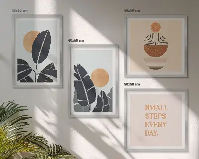 Composizione di 4 quadri con piante grandi in stile minimalista