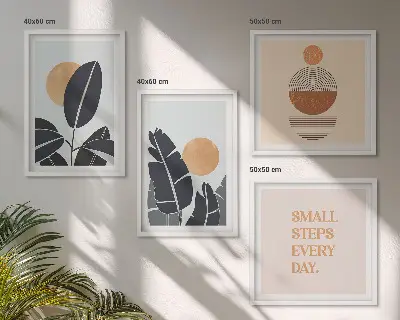 Composizione di 4 quadri con piante grandi in stile minimalista