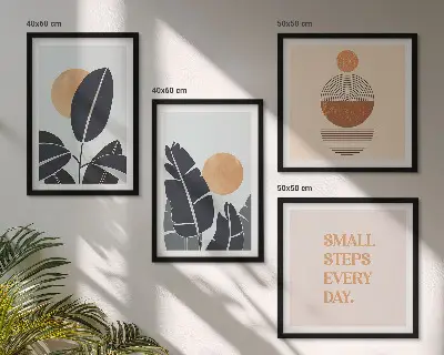 Composizione di 4 quadri con piante grandi in stile minimalista