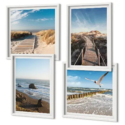 Composizione di 4 quadri con onde della spiaggia, molo panoramico e passeggiata