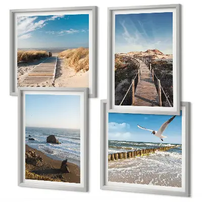 Composizione di 4 quadri con onde della spiaggia, molo panoramico e passeggiata