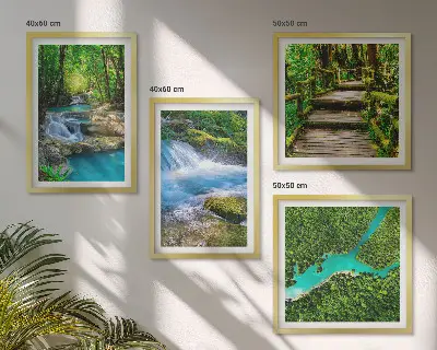 Composizione di 4 quadri con foreste verdi e acque cristalline