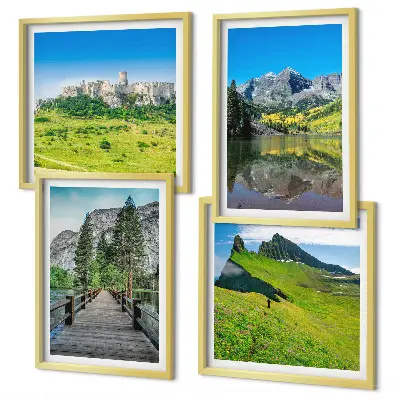 Composizione di 4 quadri con verdi colline e un castello