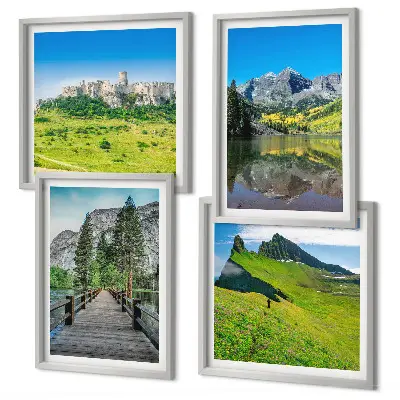 Composizione di 4 quadri con verdi colline e un castello