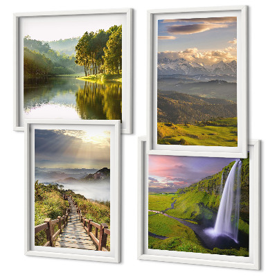Composizione di 4 quadri Paesaggi montani con cascata