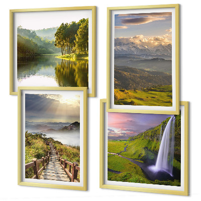 Composizione di 4 quadri Paesaggi montani con cascata