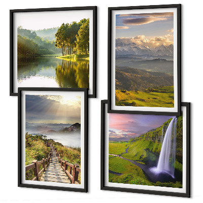 Composizione di 4 quadri Paesaggi montani con cascata