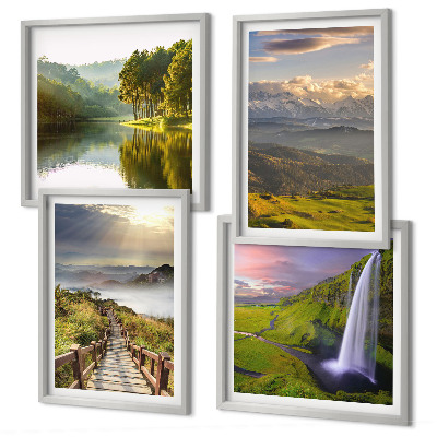 Composizione di 4 quadri Paesaggi montani con cascata