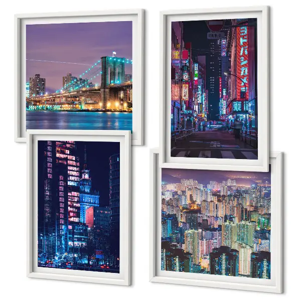 Galleria a parete con stampa di città notturne illuminate al neon