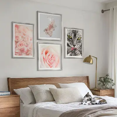 Set di 4 quadri con rose astratte di gatto grigio