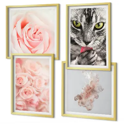 Set di 4 quadri con rose astratte di gatto grigio