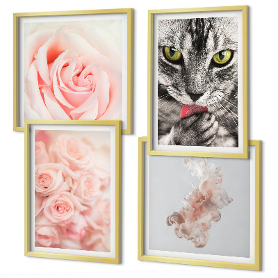 Composizione di 4 quadri Rose astratte di gatto grigio
