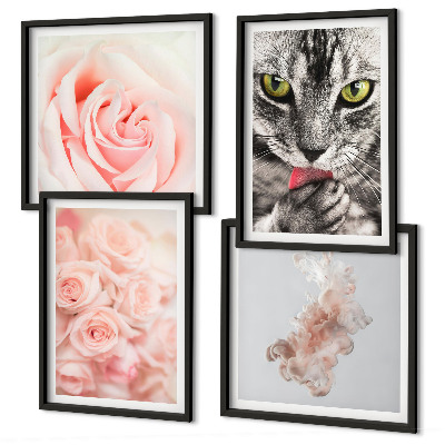 Composizione di 4 quadri Rose astratte di gatto grigio