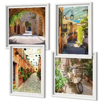 Composizione di 4 quadri con strade affascinanti e pizza