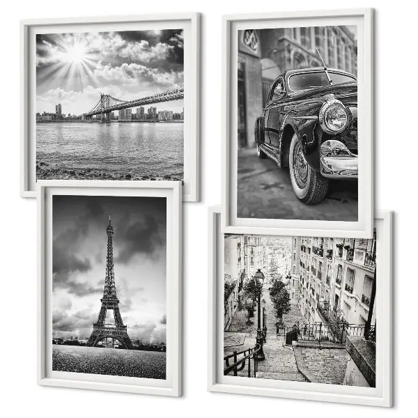 Composizione di 4 quadri con panorami urbani, ponti, Torre Eiffel e auto