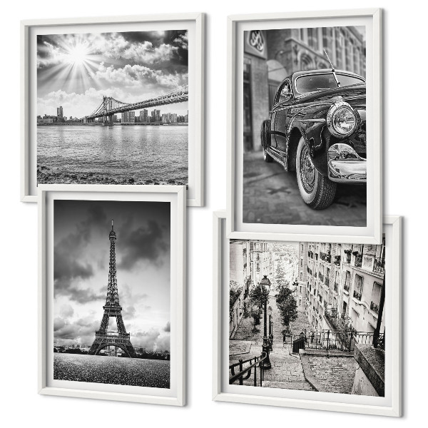 Composizione di 4 quadri Panorami della città, ponti, Torre Eiffel, auto