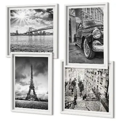 Composizione di 4 quadri con panorami urbani, ponti, Torre Eiffel e auto