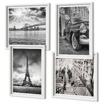 Composizione di 4 quadri Panorami della città, ponti, Torre Eiffel, auto