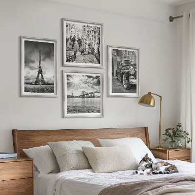 Composizione di 4 quadri Panorami della città, ponti, Torre Eiffel, auto