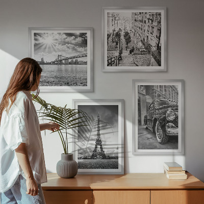 Composizione di 4 quadri Panorami della città, ponti, Torre Eiffel, auto
