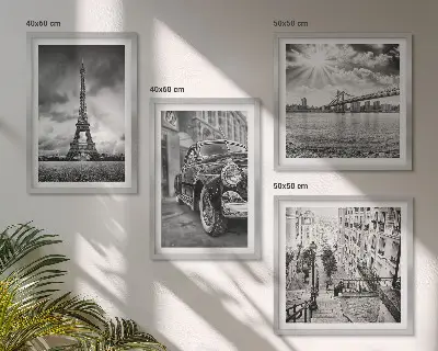 Composizione di 4 quadri con panorami urbani, ponti, Torre Eiffel e auto