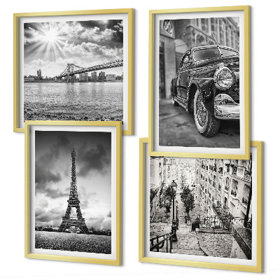 Composizione di 4 quadri Panorami della città, ponti, Torre Eiffel, auto