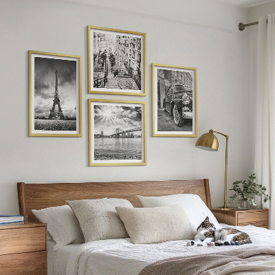 Composizione di 4 quadri Panorami della città, ponti, Torre Eiffel, auto