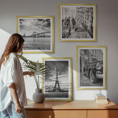 Composizione di 4 quadri Panorami della città, ponti, Torre Eiffel, auto